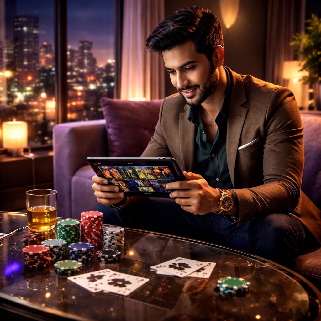 Sophisticated gaming atmosphere with a stylish player surrounded by floating poker chips showcasing the premium online betting experience at FN 777